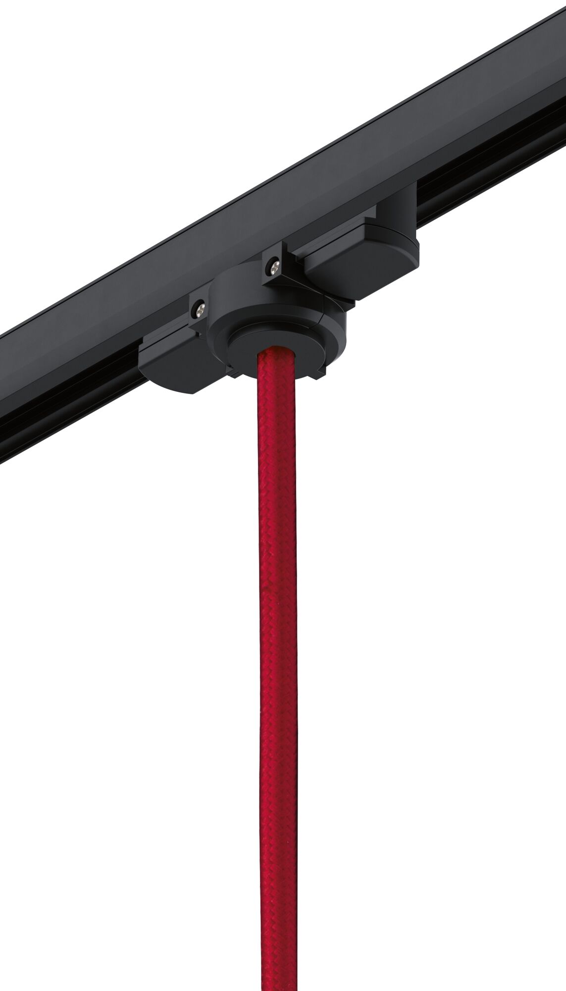 Black track connector with red textile cable for modern LED track lighting systems