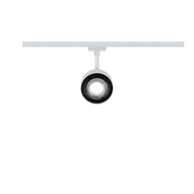 Moderner weißer LED-Strahler aus Metall an Schienensystem für flexible Raumbeleuchtung