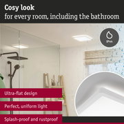 Ultra-flat white LED ceiling light with IP44 splash-proof rating for bathroom, providing uniform illumination