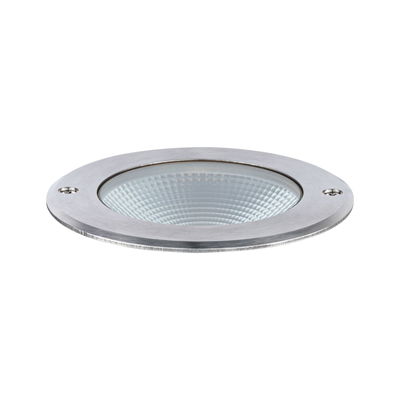 Round recessed light fixture in brushed stainless steel with textured glass for LED lighting