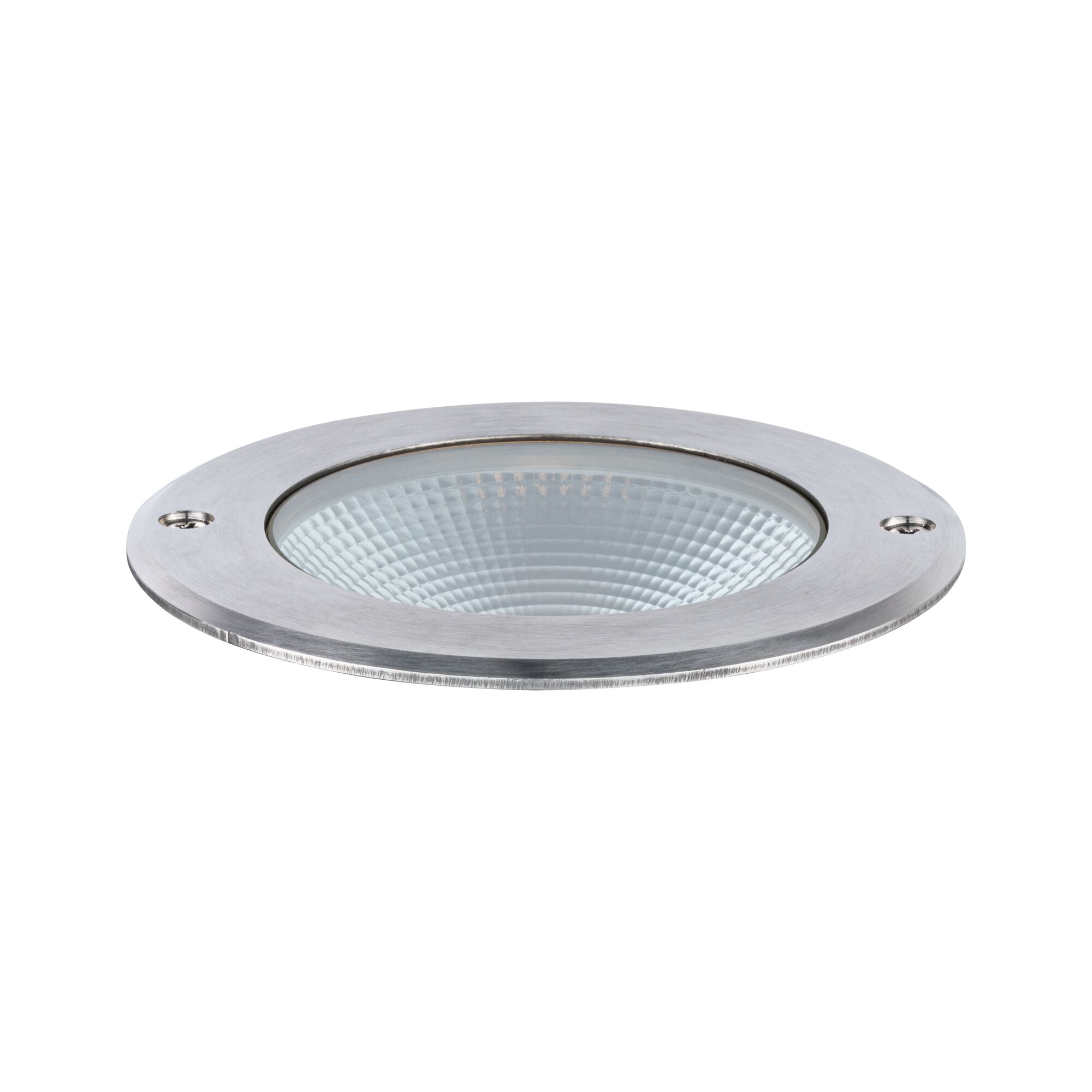 Round recessed light fixture in brushed stainless steel with textured glass for LED lighting