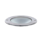 Round recessed light housing in brushed stainless steel with clear glass and screws