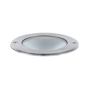 Round recessed light housing in brushed stainless steel with clear glass and screws
