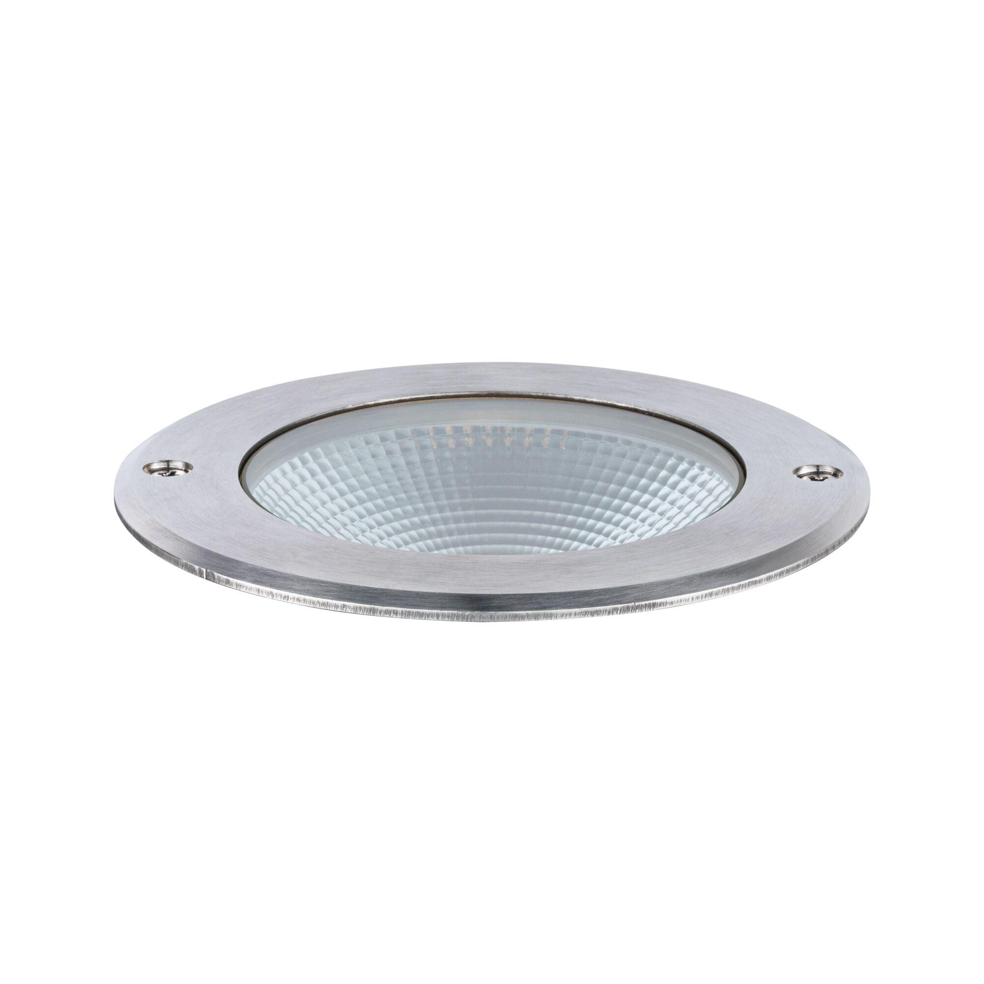 Round recessed light housing in brushed stainless steel with clear glass and screws
