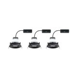 Three black LED recessed spotlights with separate driver and cable for modern indoor lighting.