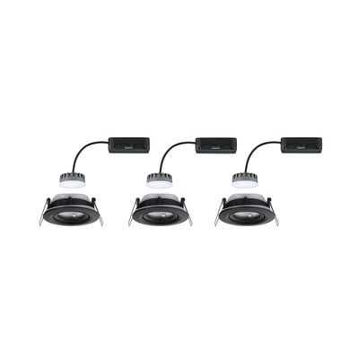 Three black LED recessed spotlights with separate driver and cable for modern indoor lighting.