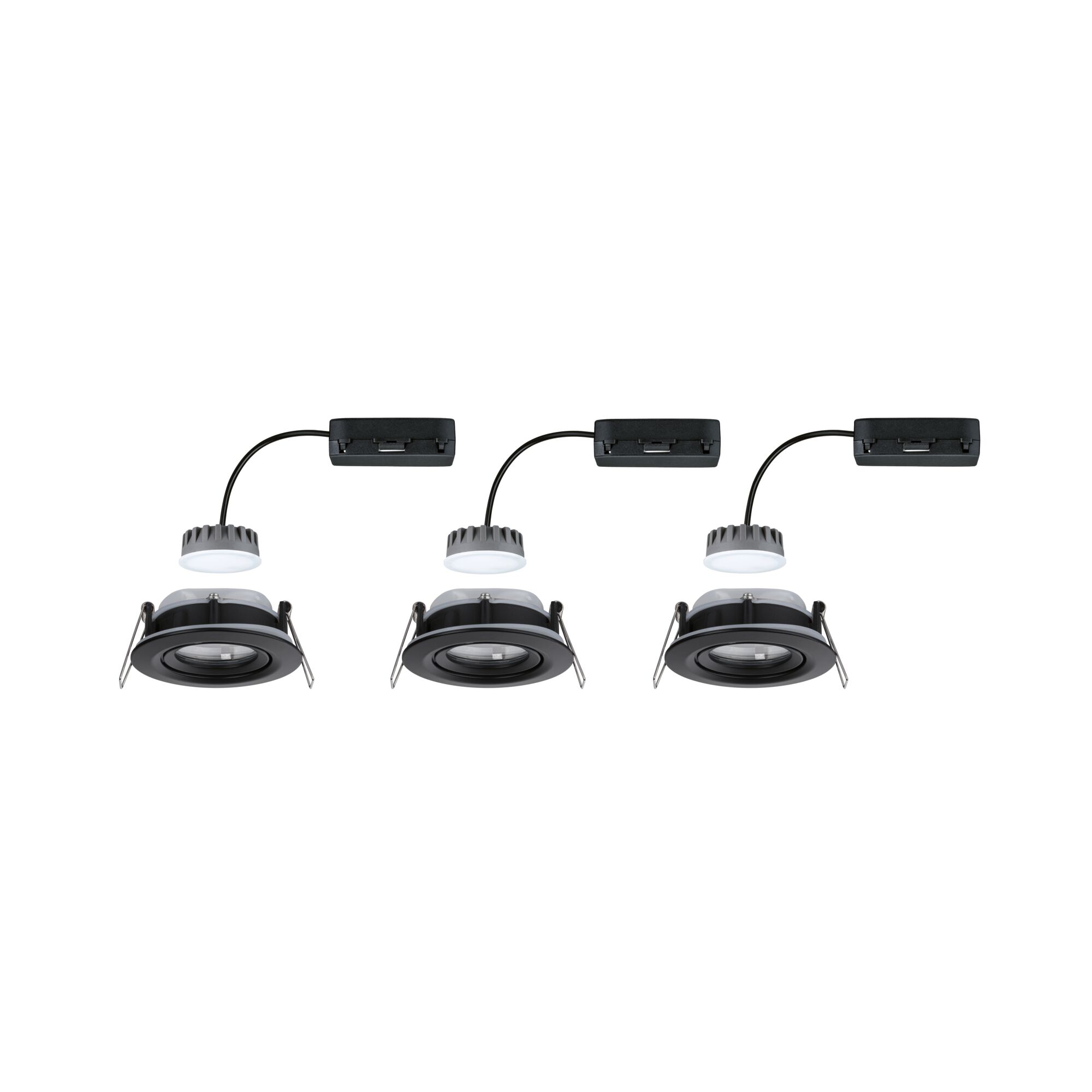 Tre sorte LED-indbygningsspots med separat driver og kabel til moderne indendørs belysning.