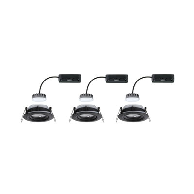 Tre sorte LED-indbygningsspots med separat driver og kabel til moderne indendørs belysning.