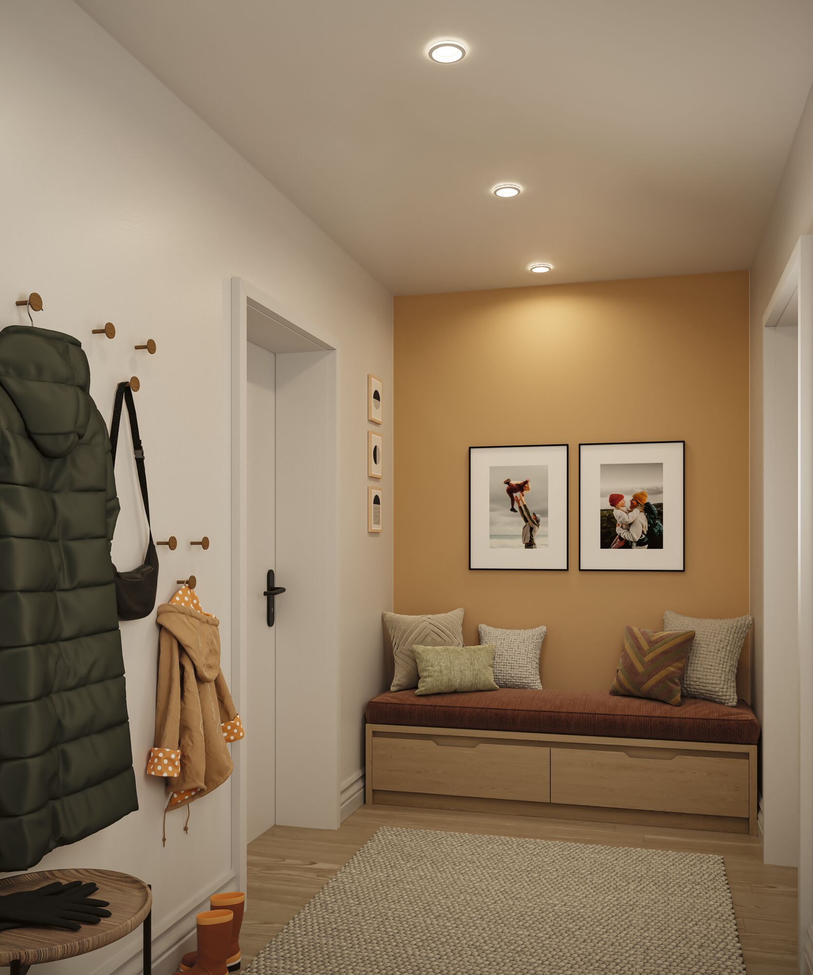 Flur mit warmweißen LED-Einbaustrahlern in Decke, Sitzbank mit Kissen und Holzschubladen, Teppichboden