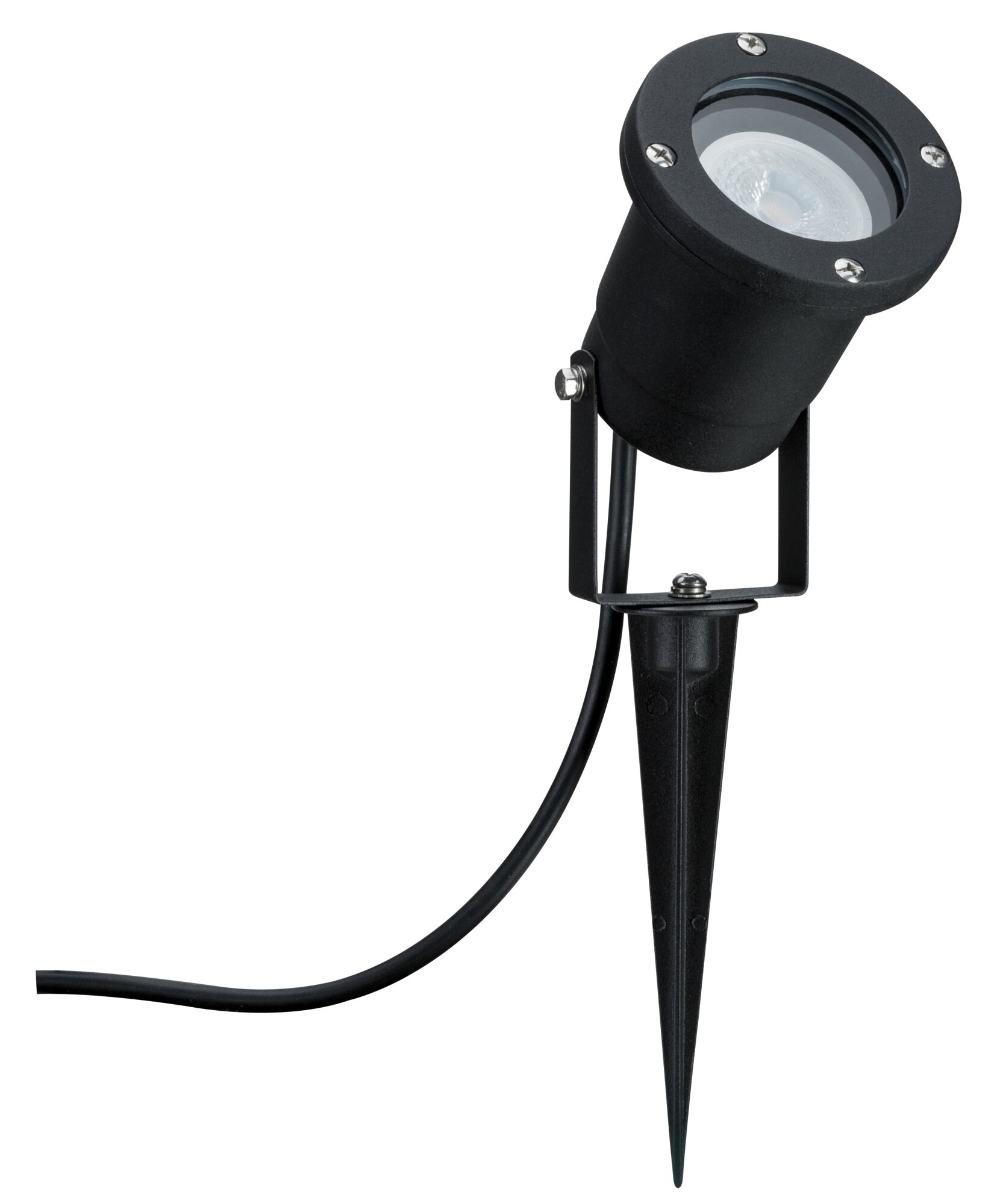 Black metal LED garden spotlight with ground spike and cable for outdoor lighting