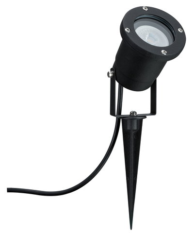 Black metal LED garden spotlight with ground spike and cable for outdoor lighting