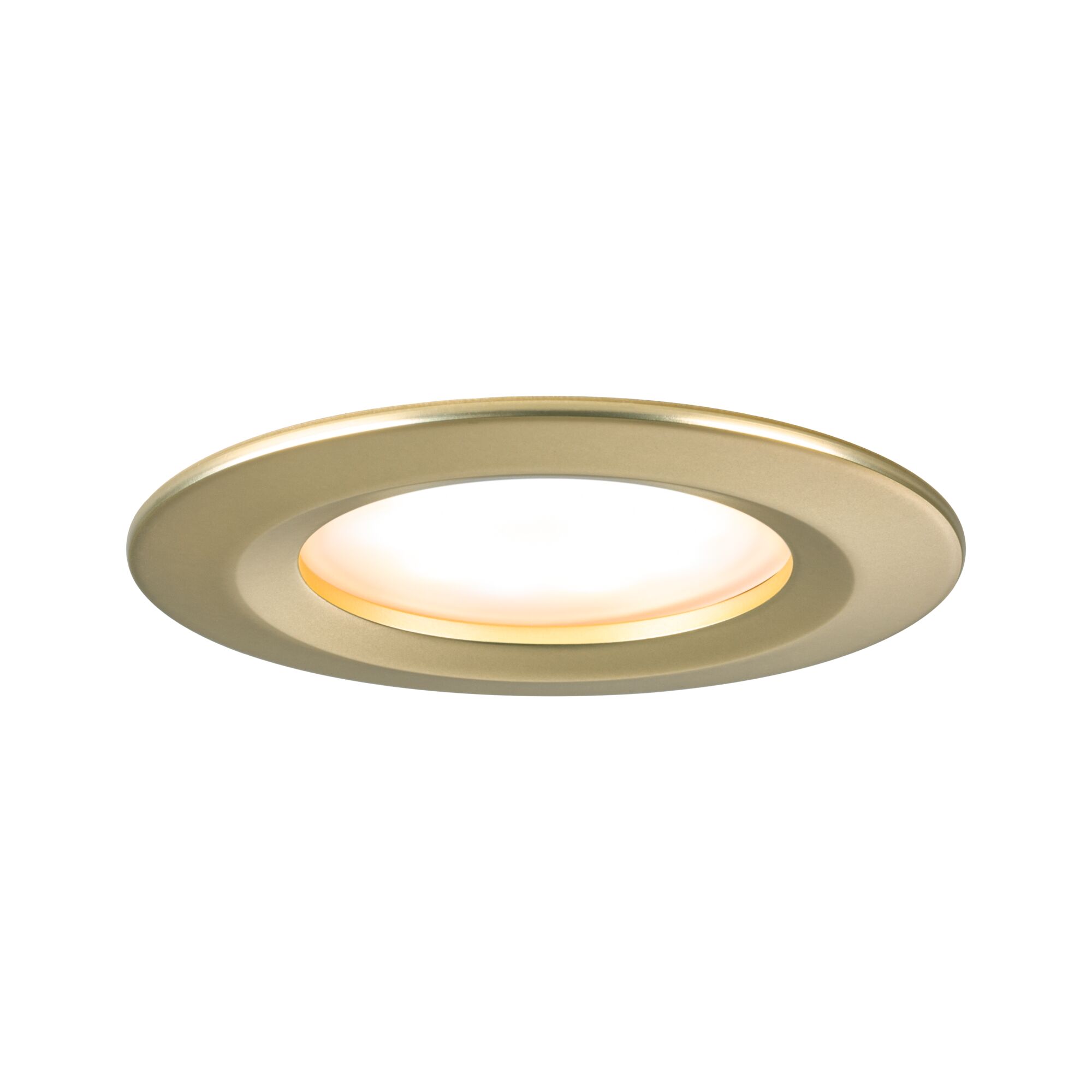 Round gold metal LED recessed light with warm white illumination for home interiors