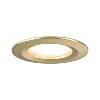 Round gold metal LED recessed light with warm white illumination for home interiors