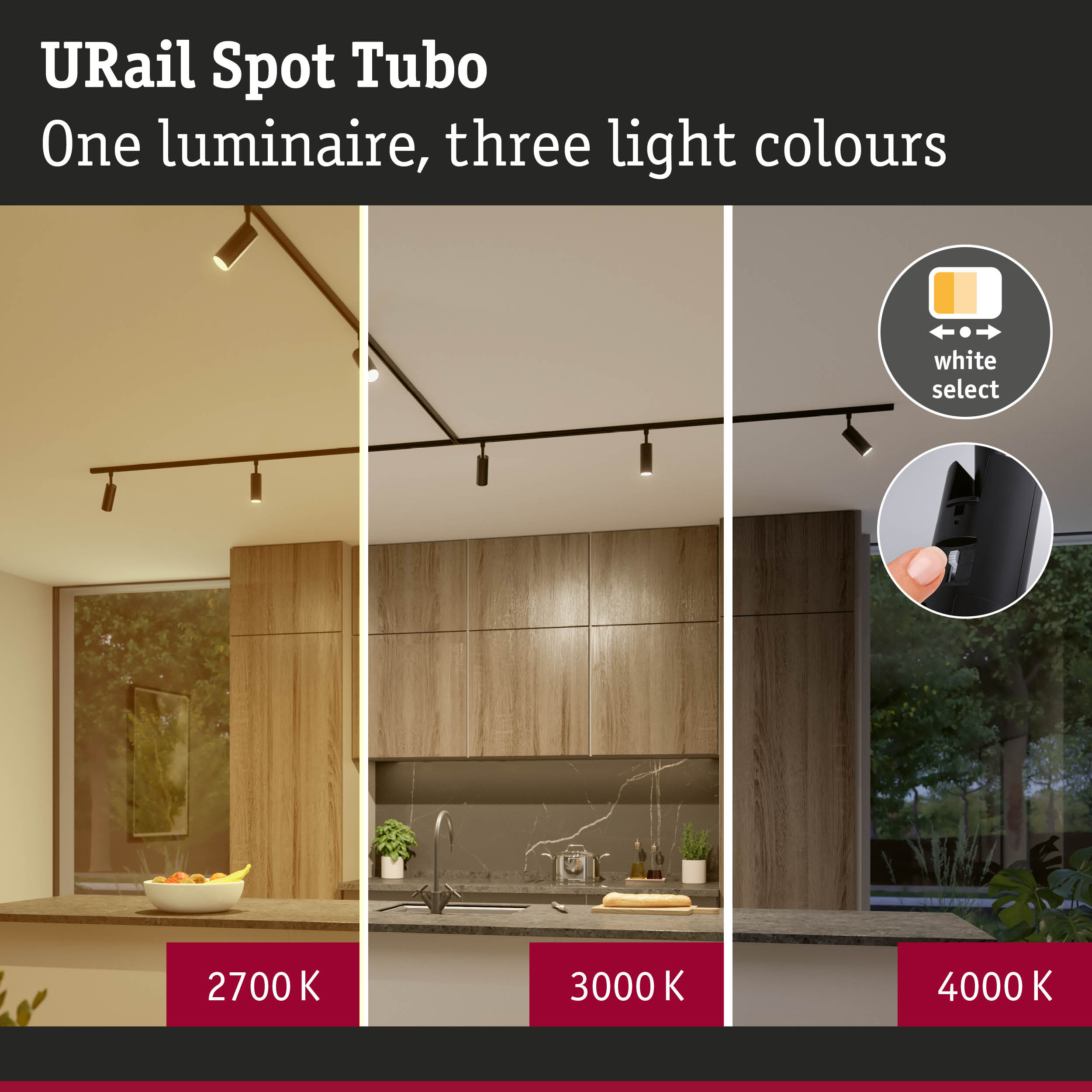 URail Spot Tubo track lighting with three light colours 2700K, 3000K, and 4000K for kitchen lighting