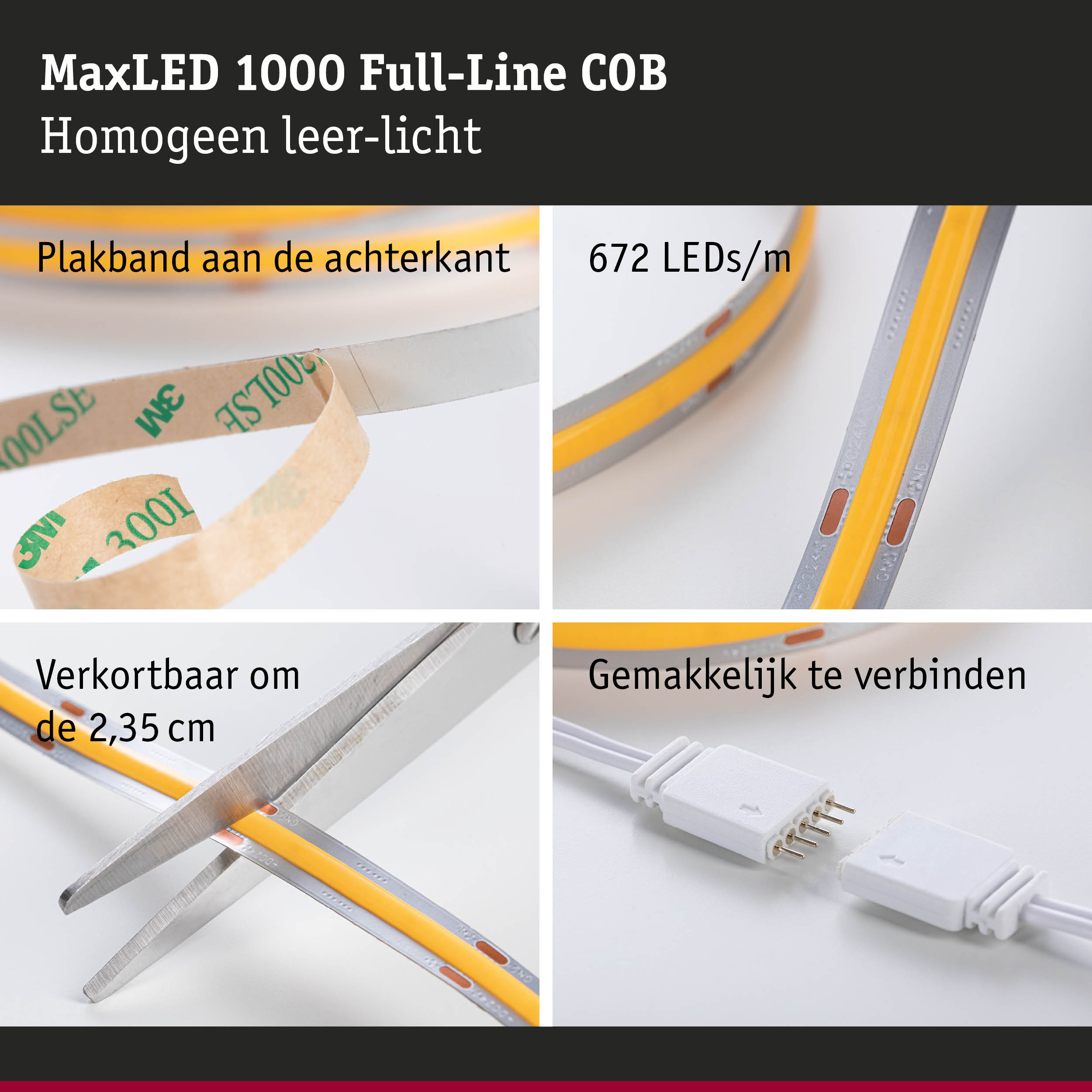 MaxLED 1000 Full-Line COB LED-strip met 672 LEDs/m, zelfklevend en knipbaar voor flexibele verlichting