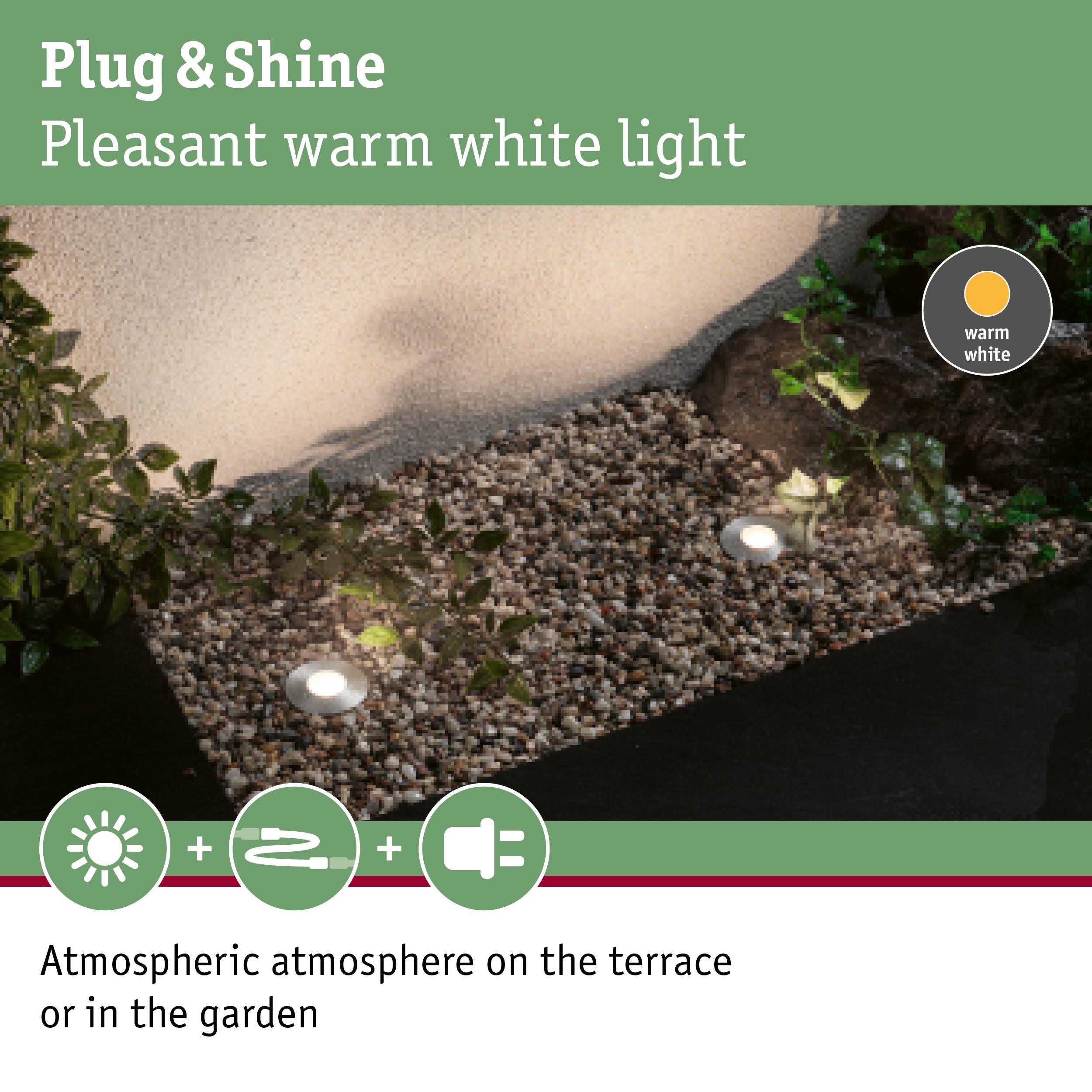 Plug & Shine LED recessed lights with warm white light for atmospheric garden and terrace lighting