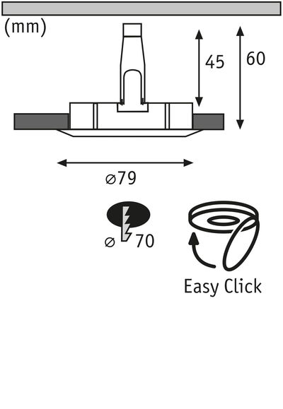 Technical drawing of recessed spotlight with 79 mm diameter and Easy Click installation.