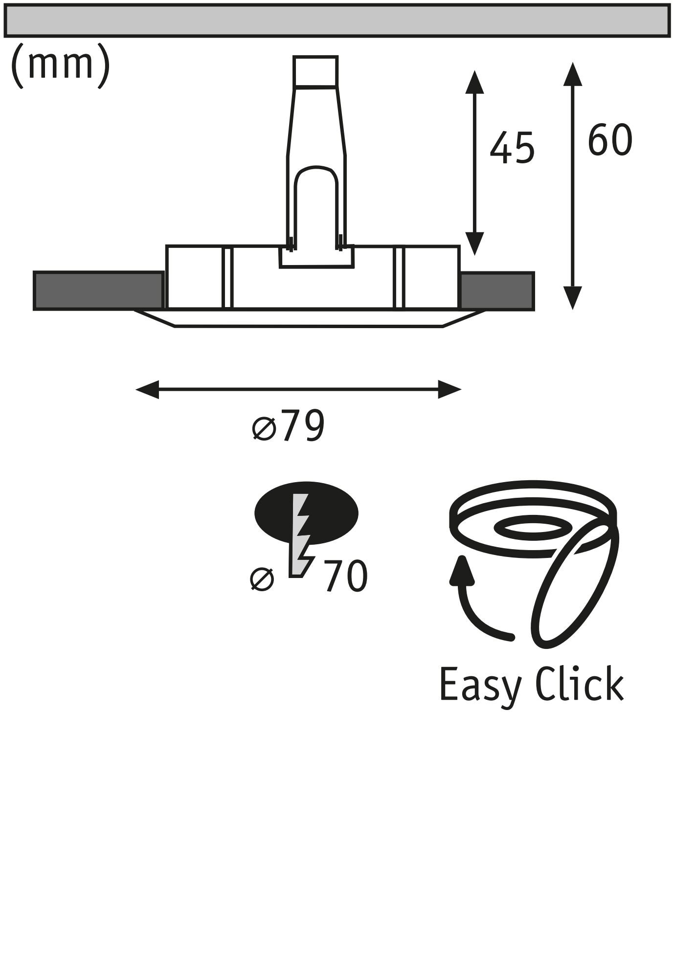 Technische Zeichnung eines Einbaustrahler mit 79 mm Durchmesser und Easy Click Montage.