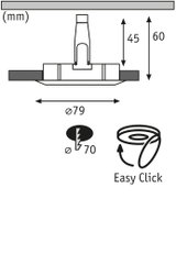 Technische Zeichnung eines Einbaustrahler mit 79 mm Durchmesser und Easy Click Montage.