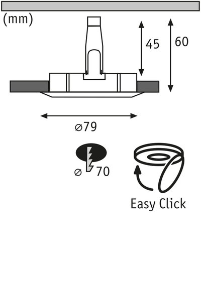 Technische Zeichnung eines Einbaustrahler mit 79 mm Durchmesser und Easy Click Montage.