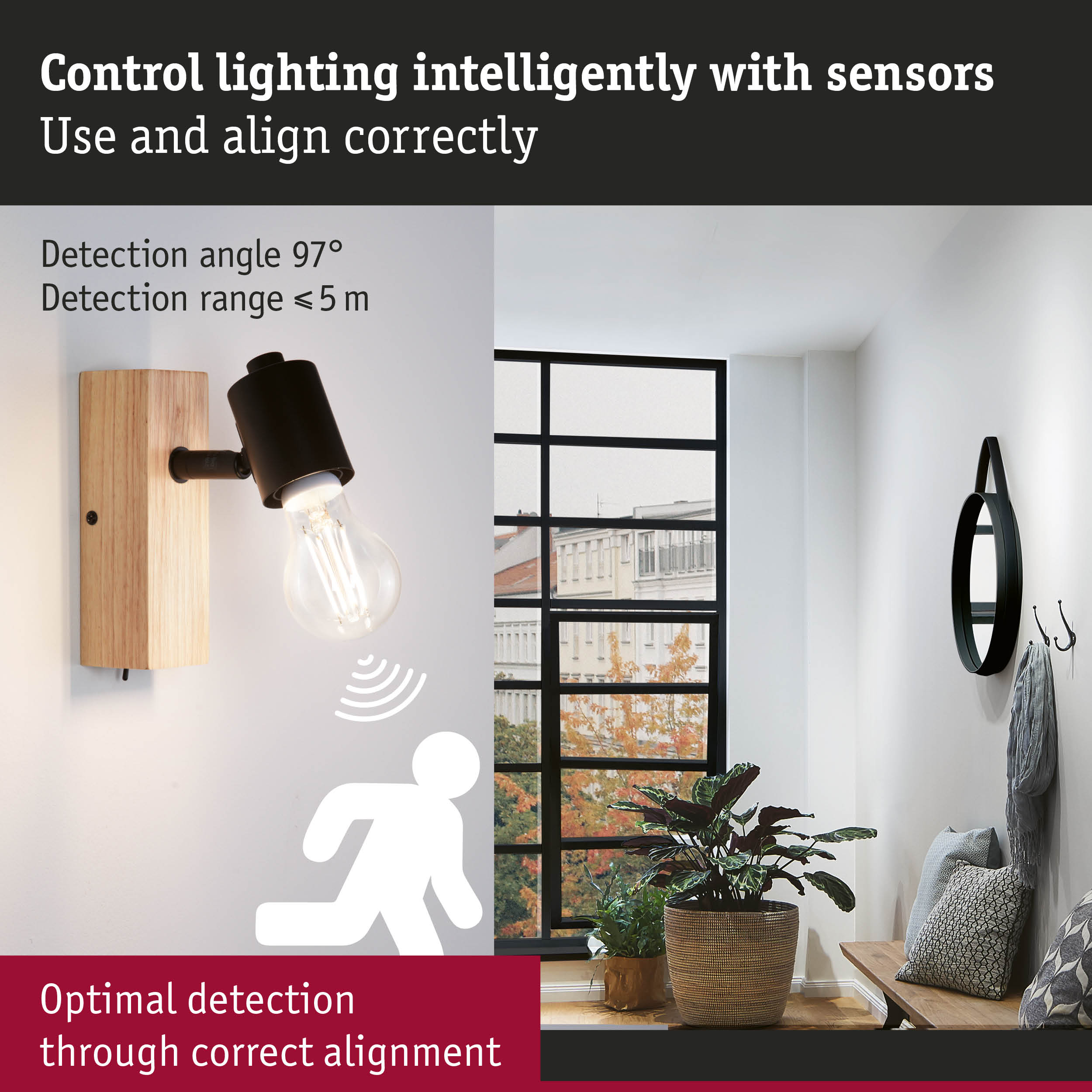 Modern wooden wall light with black metal sensor for smart lighting control and optimal detection