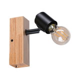 Modern wooden wall light with black metal holder and visible LED bulb, ideal for living spaces