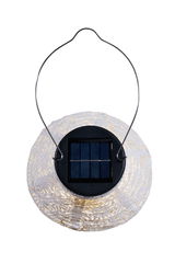 Solar-powered LED hanging lamp with white textured shade and metal handle for outdoor lighting