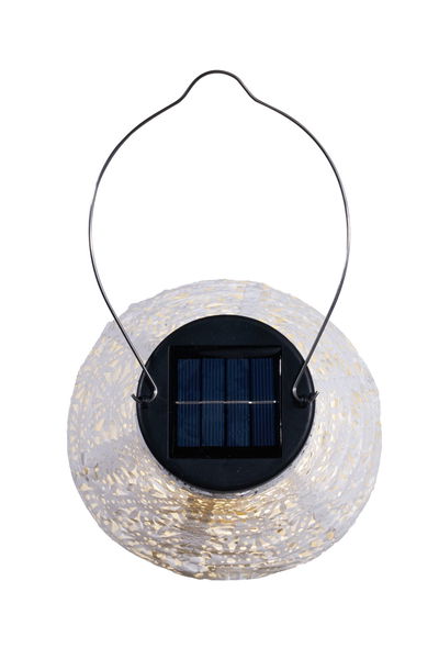 Solar-powered LED hanging lamp with white textured shade and metal handle for outdoor lighting