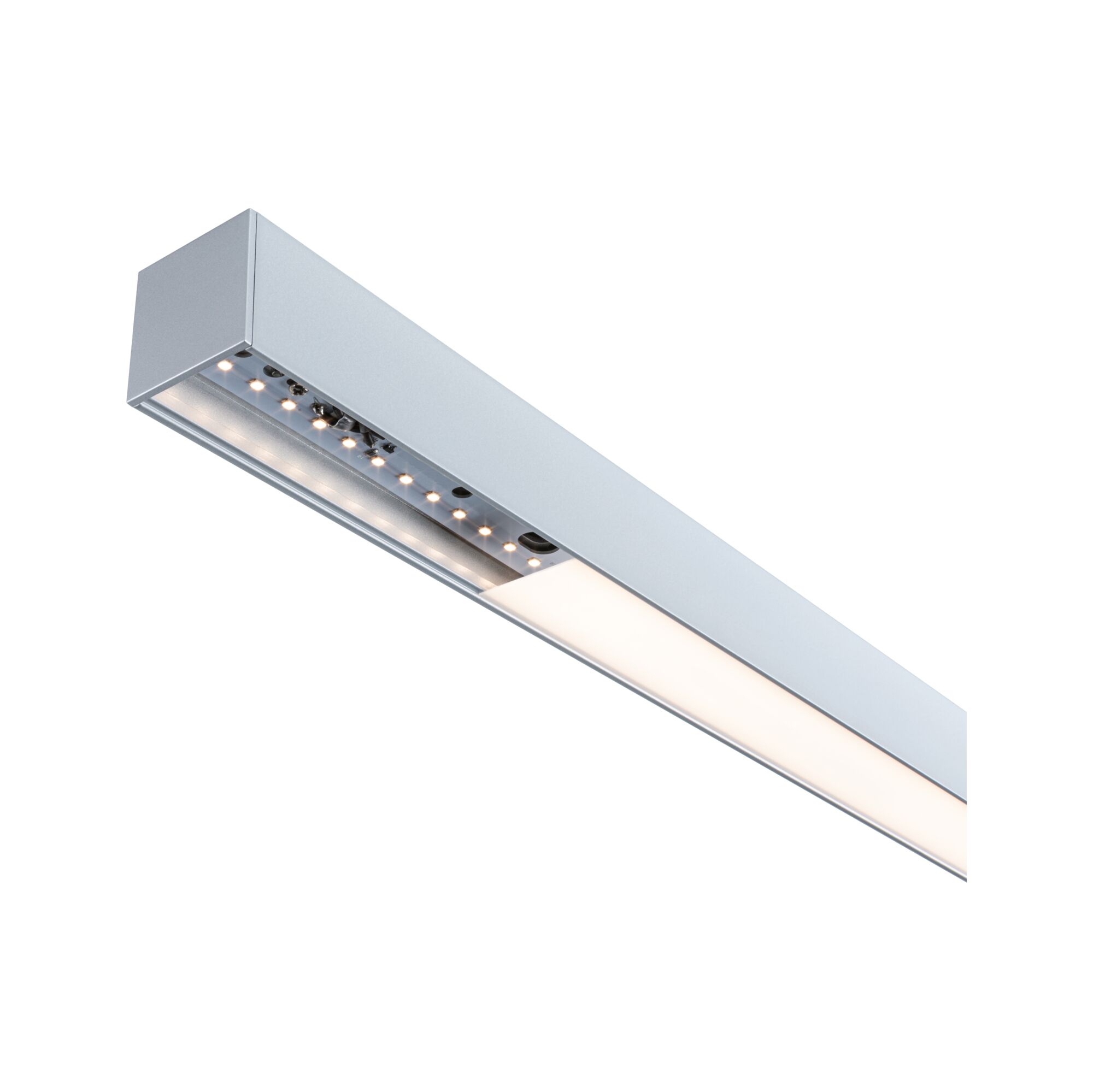 Schlanke LED-Deckenleuchte in Aluminium silber mit warmweißem Licht für moderne Innenräume