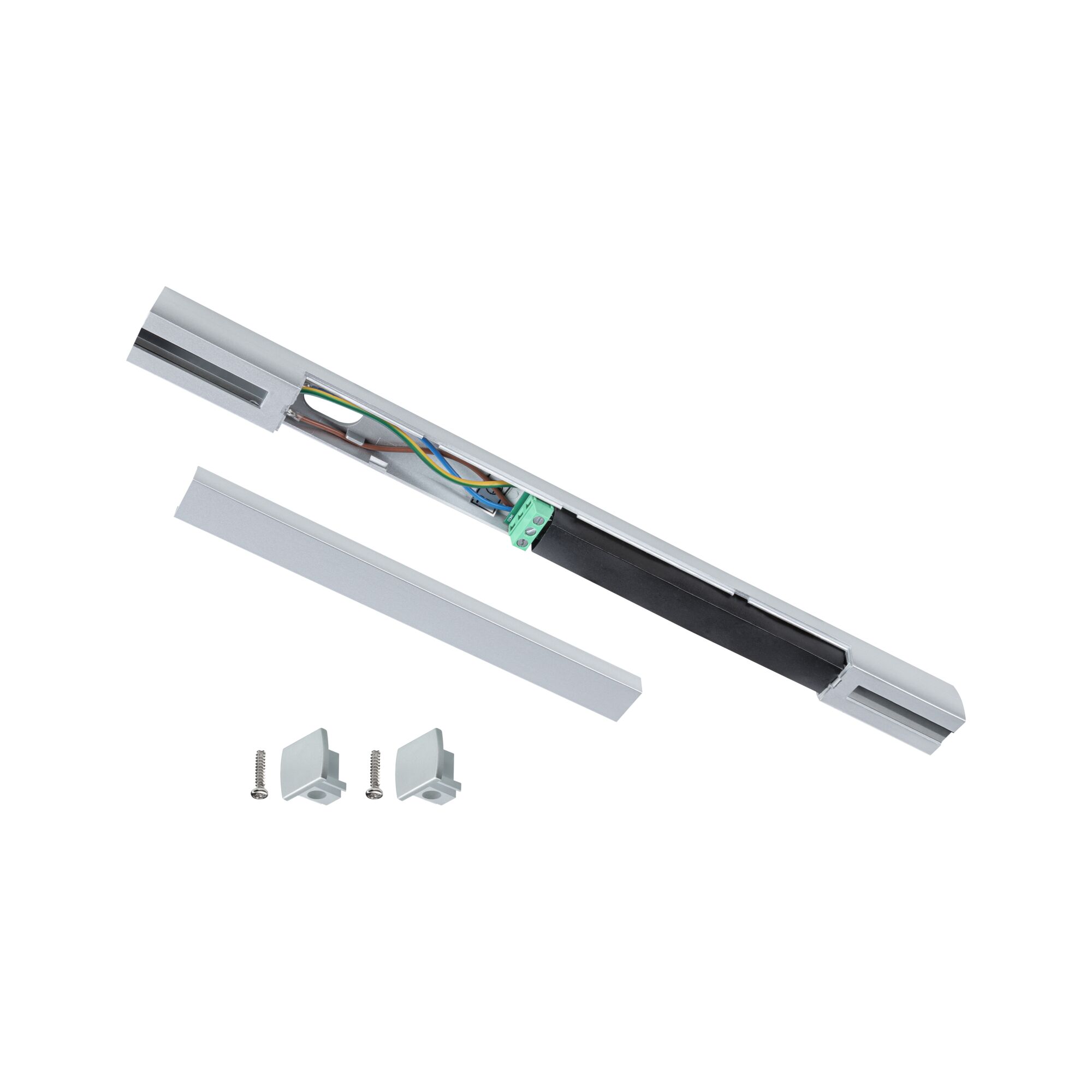 Zilverkleurig aluminium verbindingsprofiel met bedrading en montagemateriaal voor LED-railsysteem