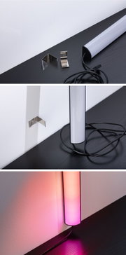 Moderne LED-Wandleuchte mit weißem Diffusor und schwarzem Gehäuse, inklusive Edelstahl-Halterungen und Kabel.