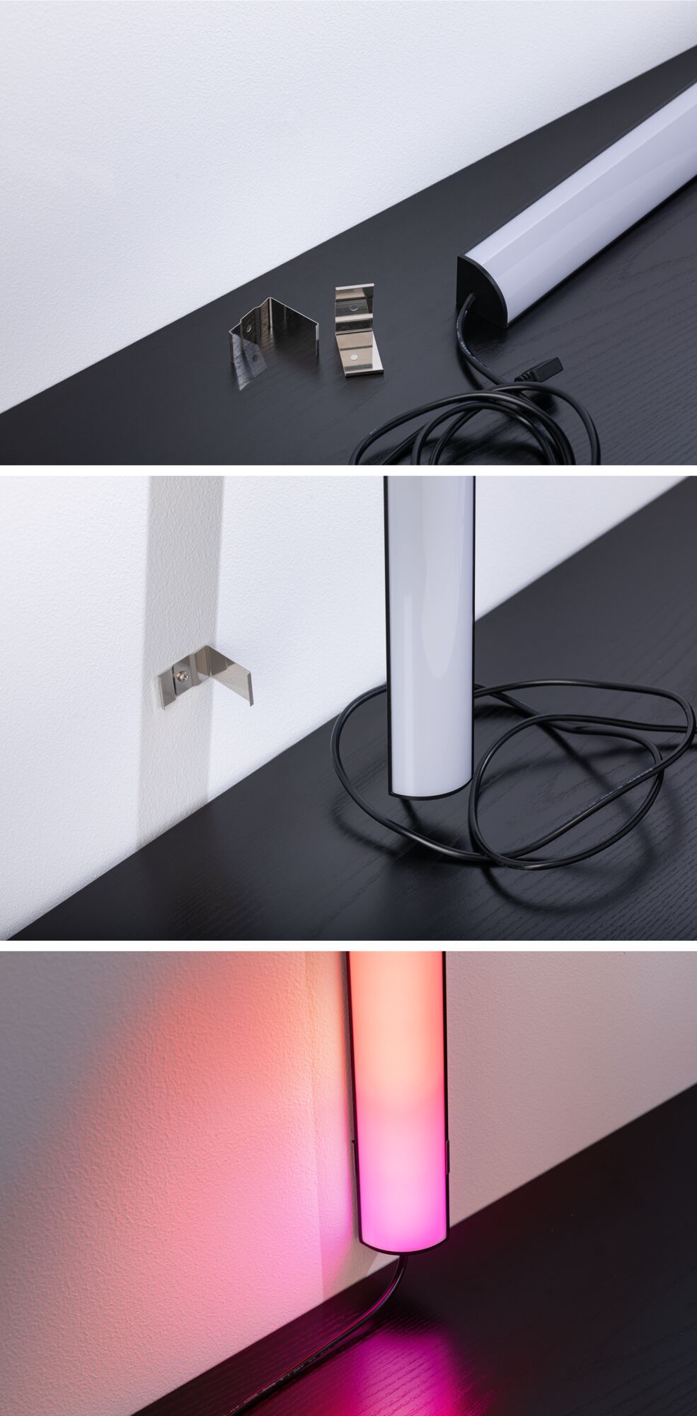 Moderne LED-Wandleuchte mit weißem Diffusor und schwarzem Gehäuse, inklusive Edelstahl-Halterungen und Kabel.