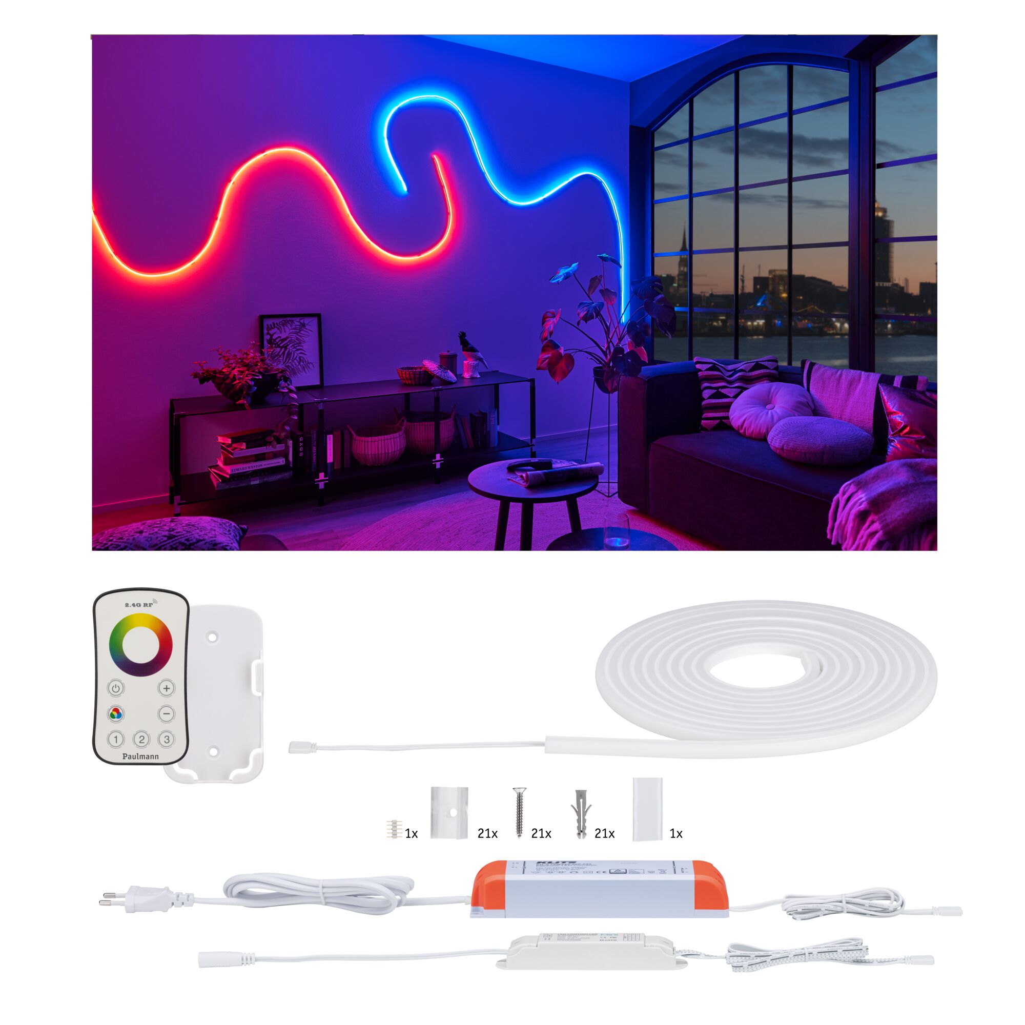 Flexibles LED-Lichtband mit Fernbedienung und Montagezubehör in Weiß für individuelle Raumbeleuchtung.