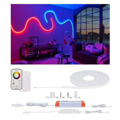 White LED Neon Flex light strip with remote and accessories for colorful wall lighting in living room