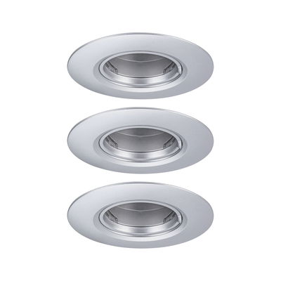 Drei runde Einbaustrahler aus silbernem Aluminium für energiesparende LED-Beleuchtung.