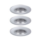 Three round recessed spotlights in silver aluminum for energy-saving LED lighting.