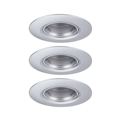 Three round recessed spotlights in silver aluminum for energy-saving LED lighting.