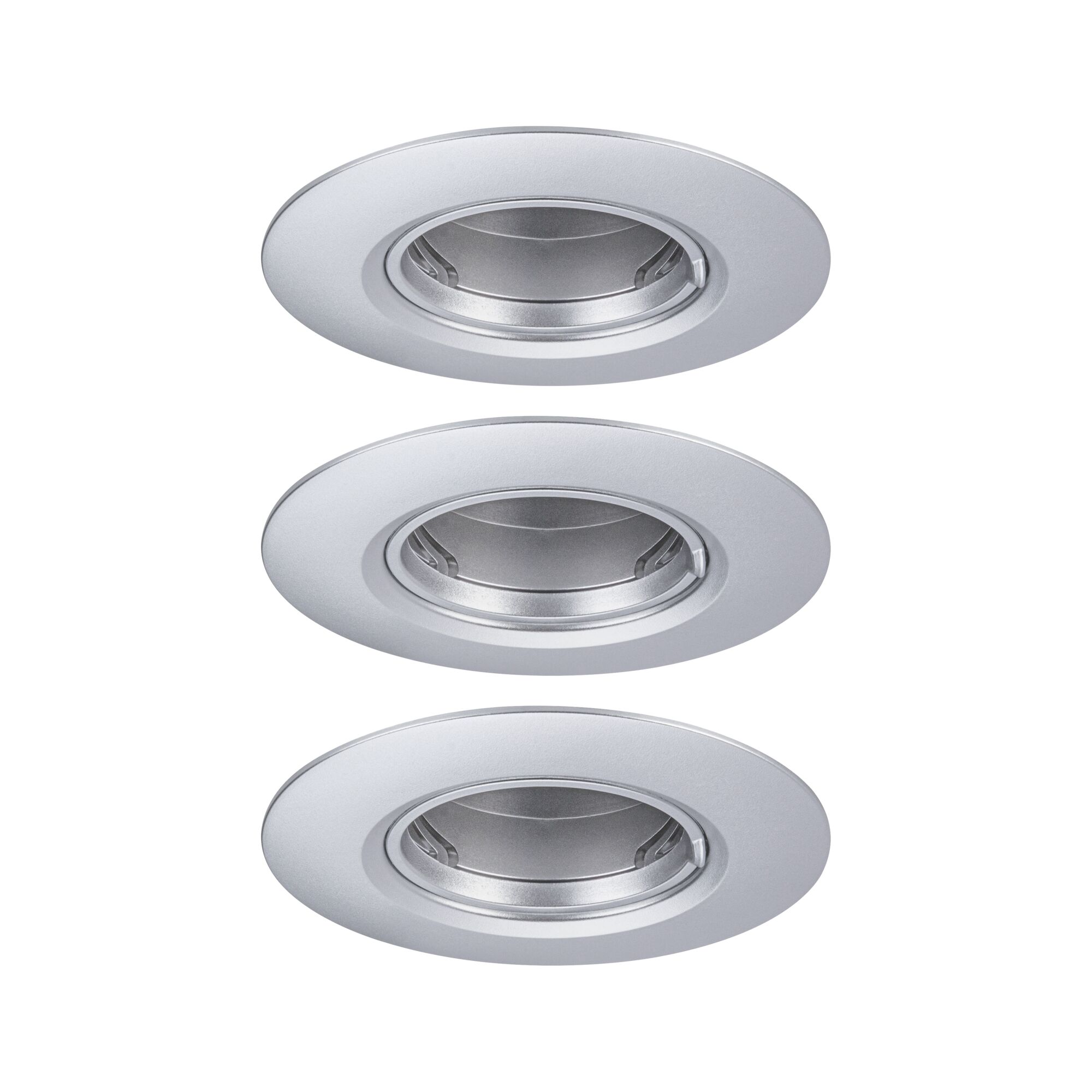 Drei runde Einbaustrahler aus silbernem Aluminium für energiesparende LED-Beleuchtung.