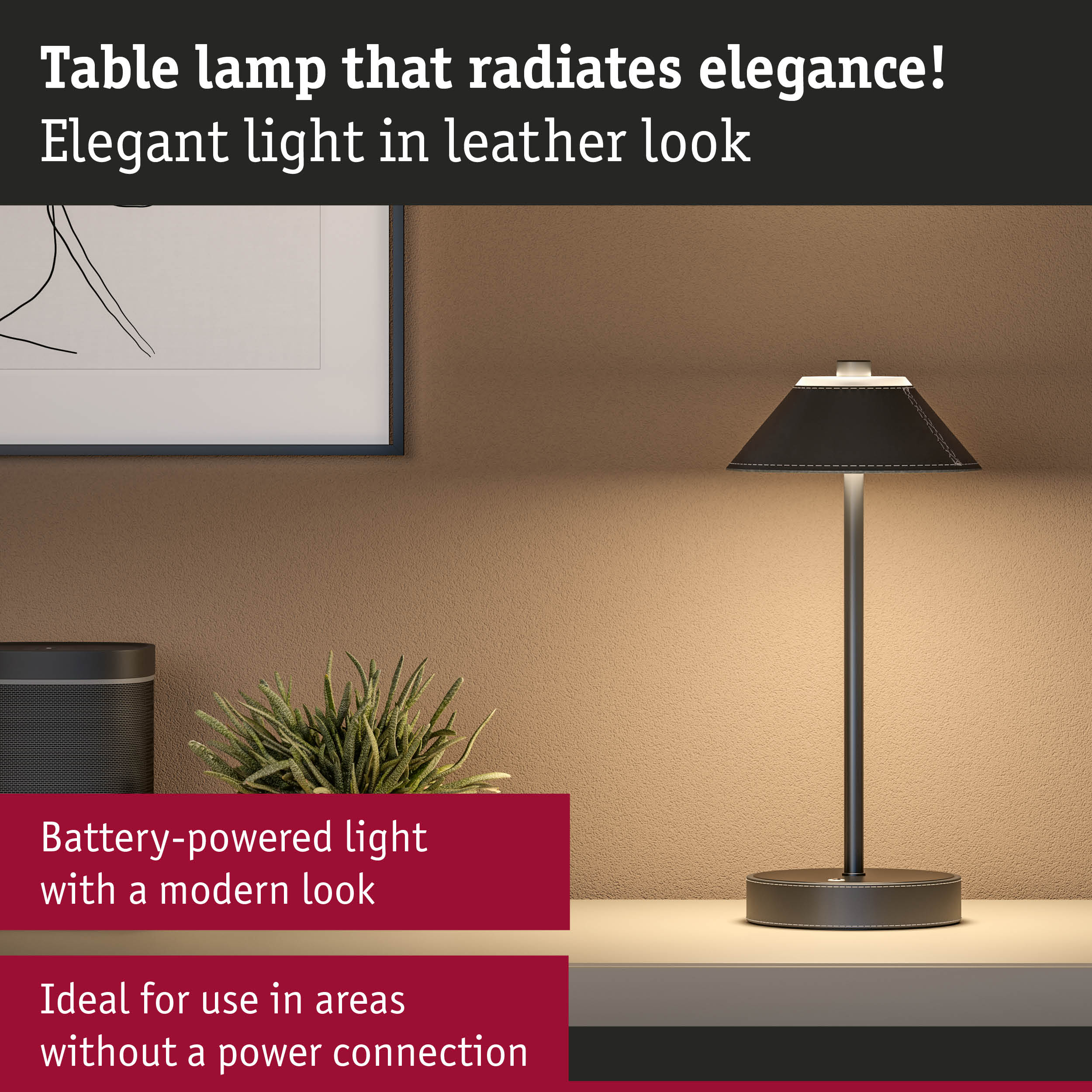 Elegant black leather-look table lamp with modern design, battery-powered for versatile use