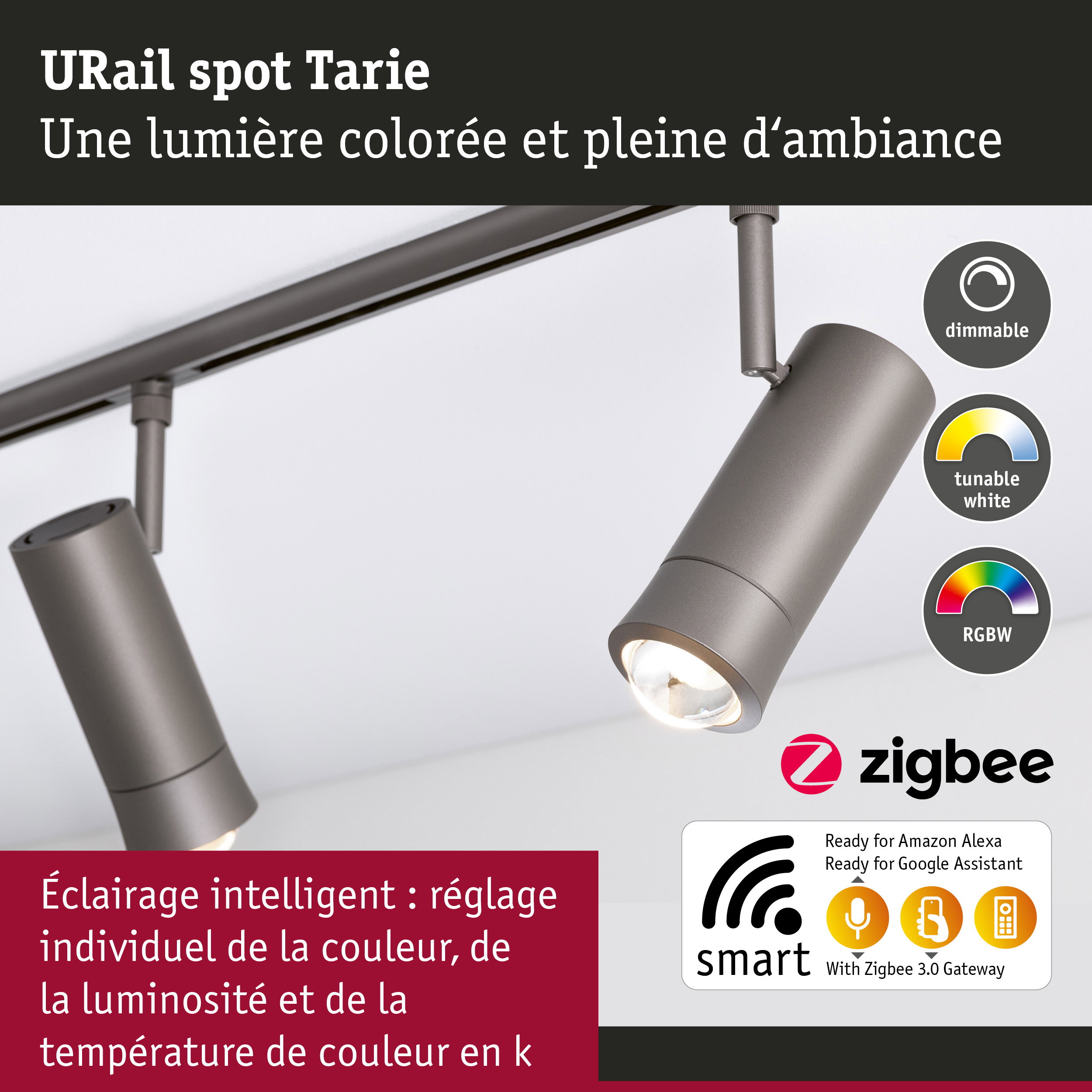 URail Spot Smart Home Zigbee 3.0 Tarie RGBW 230lm 4,5W RGBW+ gradable 230V Titanium
