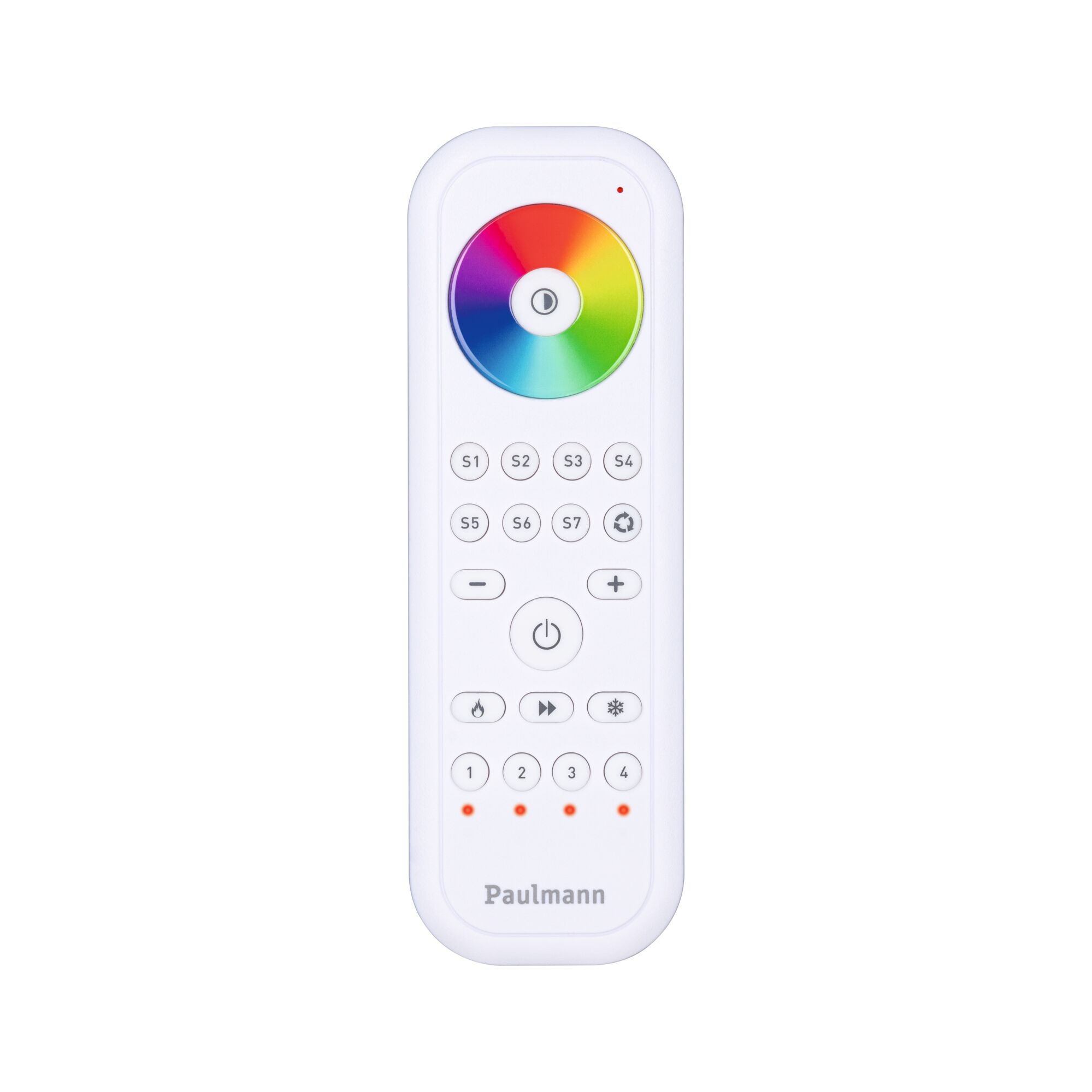 White Paulmann remote control with color wheel and multiple buttons for LED light control