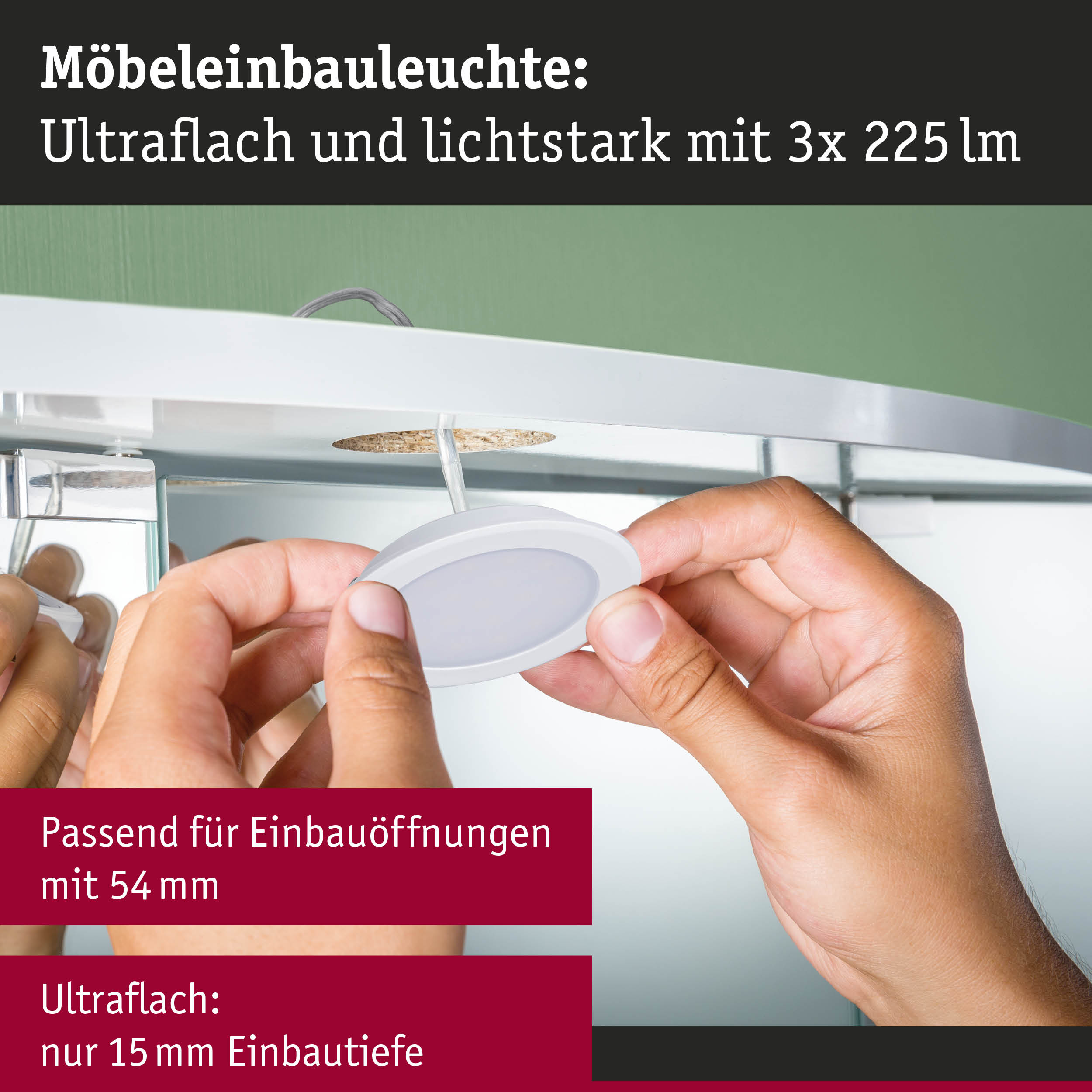 Ultraflache weiße Möbel-Einbauleuchte mit 3x 225 Lumen, passend für 54 mm Öffnungen