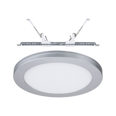 Round silver LED recessed panel with white diffuser for energy-efficient ceiling lighting