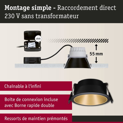 Spot encastrable noir avec intérieur doré, profondeur d'installation 55 mm, raccordement direct 230 V sans transformateur