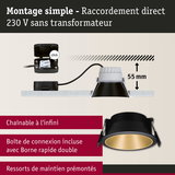 Spot encastrable noir avec intérieur doré, profondeur d'installation 55 mm, raccordement direct 230 V sans transformateur