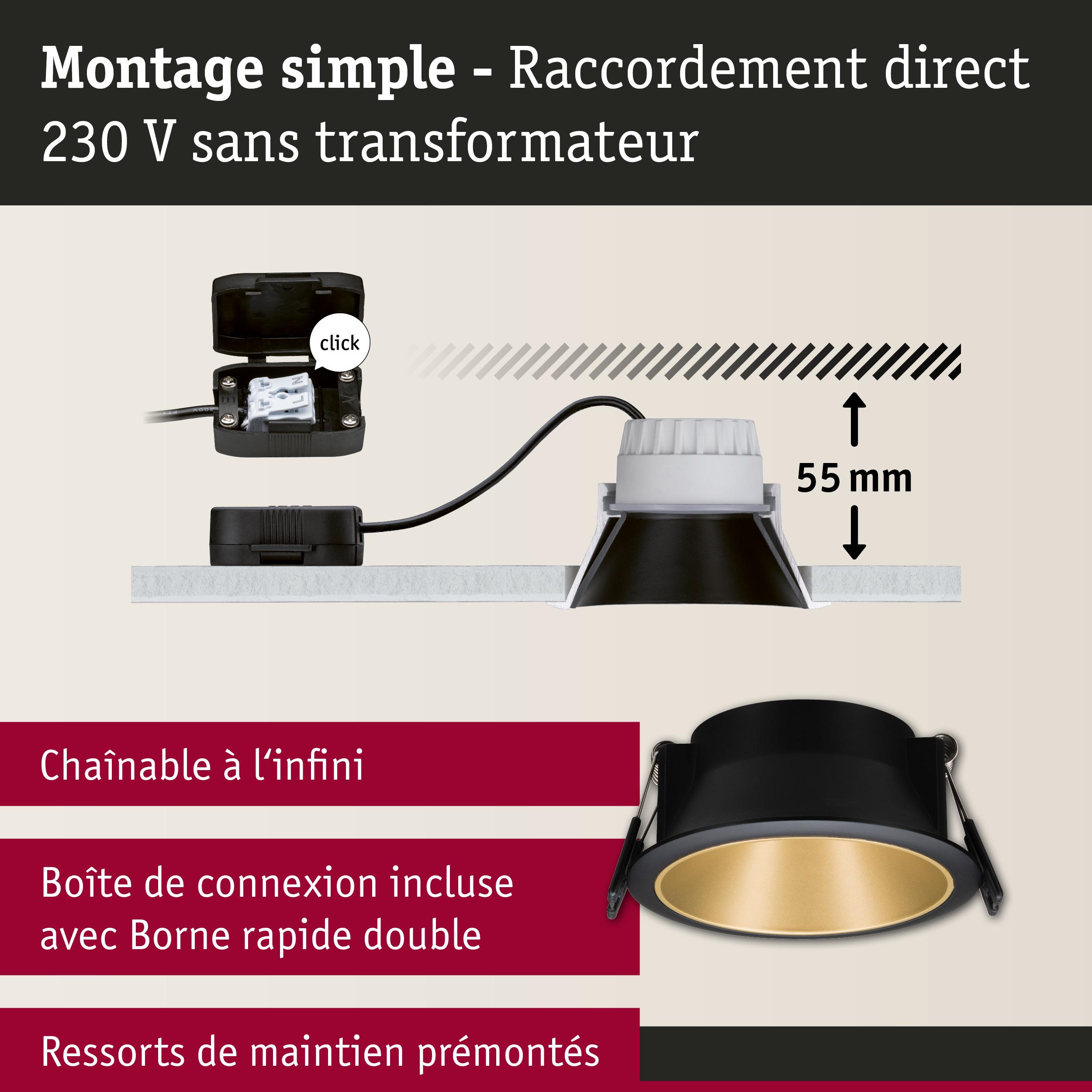 Spot encastrable noir avec intérieur doré, profondeur d'installation 55 mm, raccordement direct 230 V sans transformateur