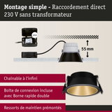 Spot encastrable noir avec intérieur doré, profondeur d'installation 55 mm, raccordement direct 230 V sans transformateur