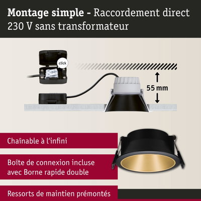 Spot encastrable noir avec intérieur doré, profondeur d'installation 55 mm, raccordement direct 230 V sans transformateur