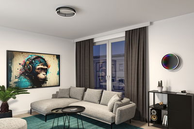 Moderne stue med grå stofsofa, sorte sideborde og rund sort-hvid LED-loftslampe.