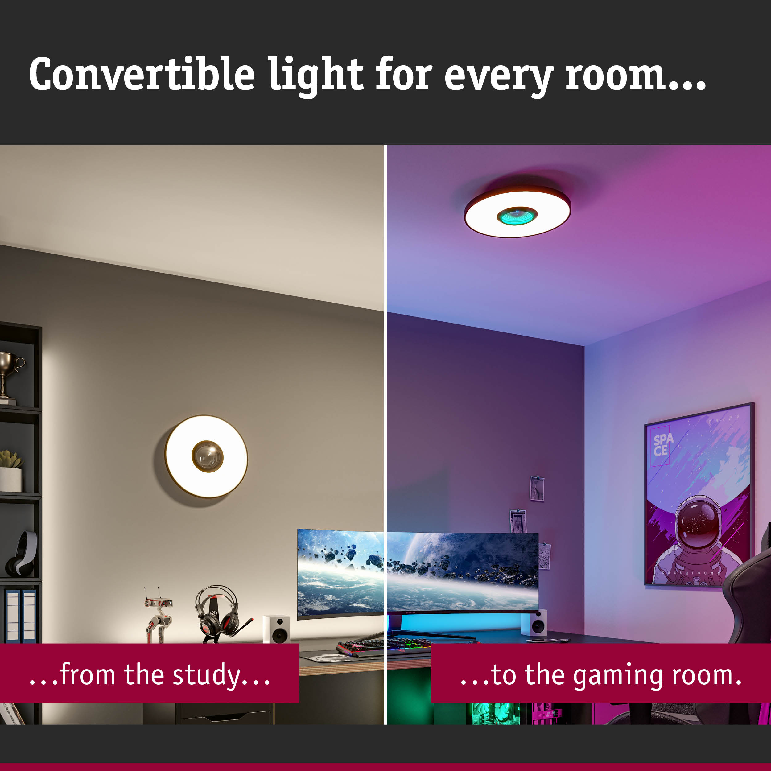 Round white and gold wall and ceiling light for study and gaming room lighting
